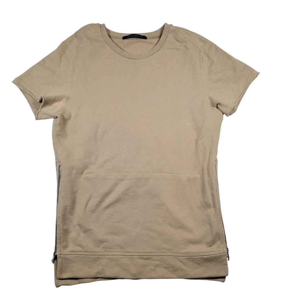 John Elliott + Co Crewneck Short Sleeve Sweatshirt Women's Sz 2 Tan Side‎ Zip